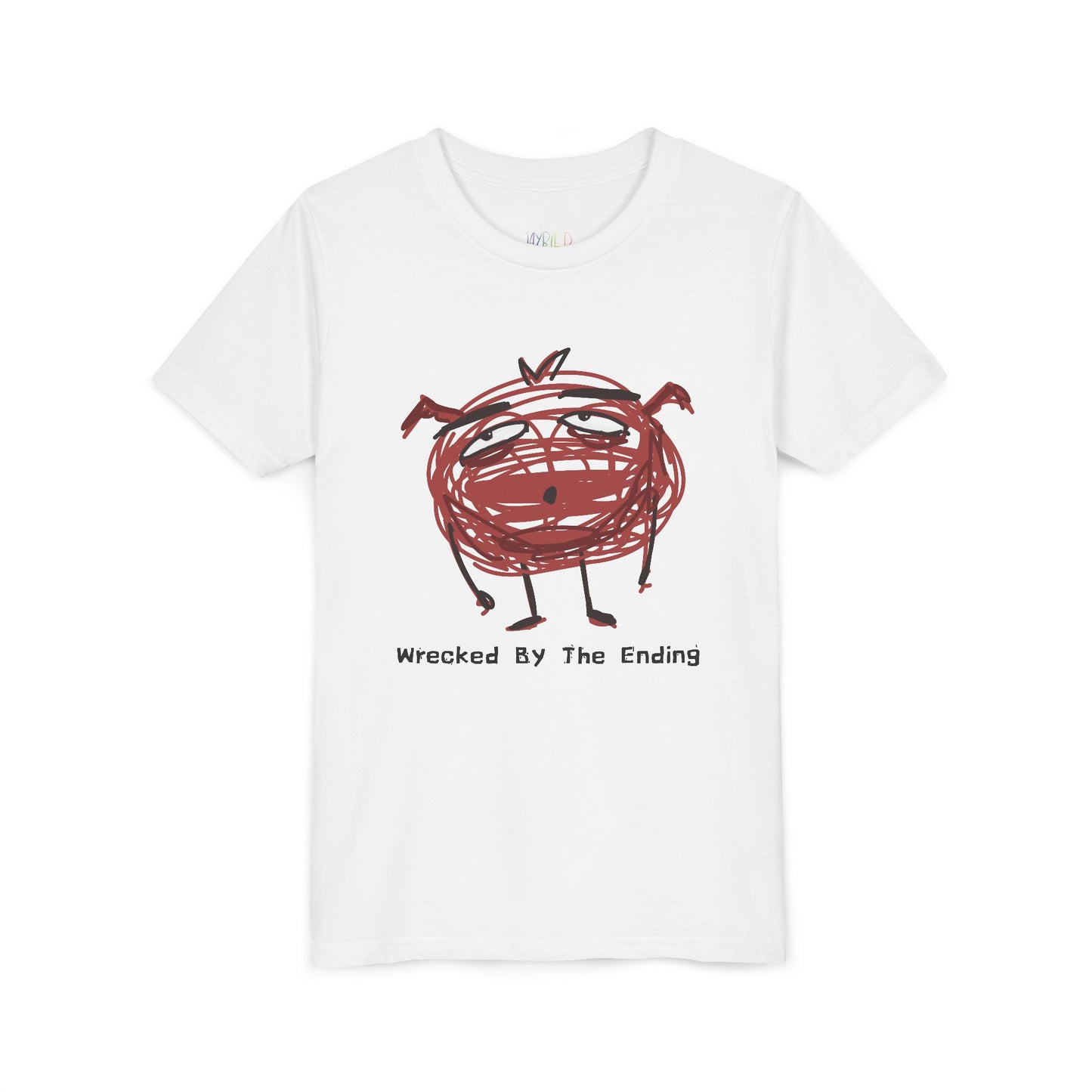 White t-shirt with a red scribbled character and text 'wrecked by the ending'