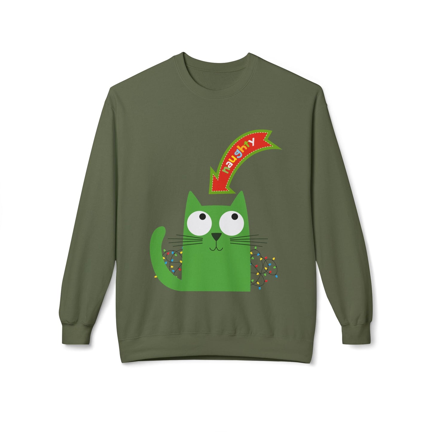 Teen/Adult Unisex Naughty Cat Sweatshirt â€“ Green Cat Holiday Humor Design Printify
