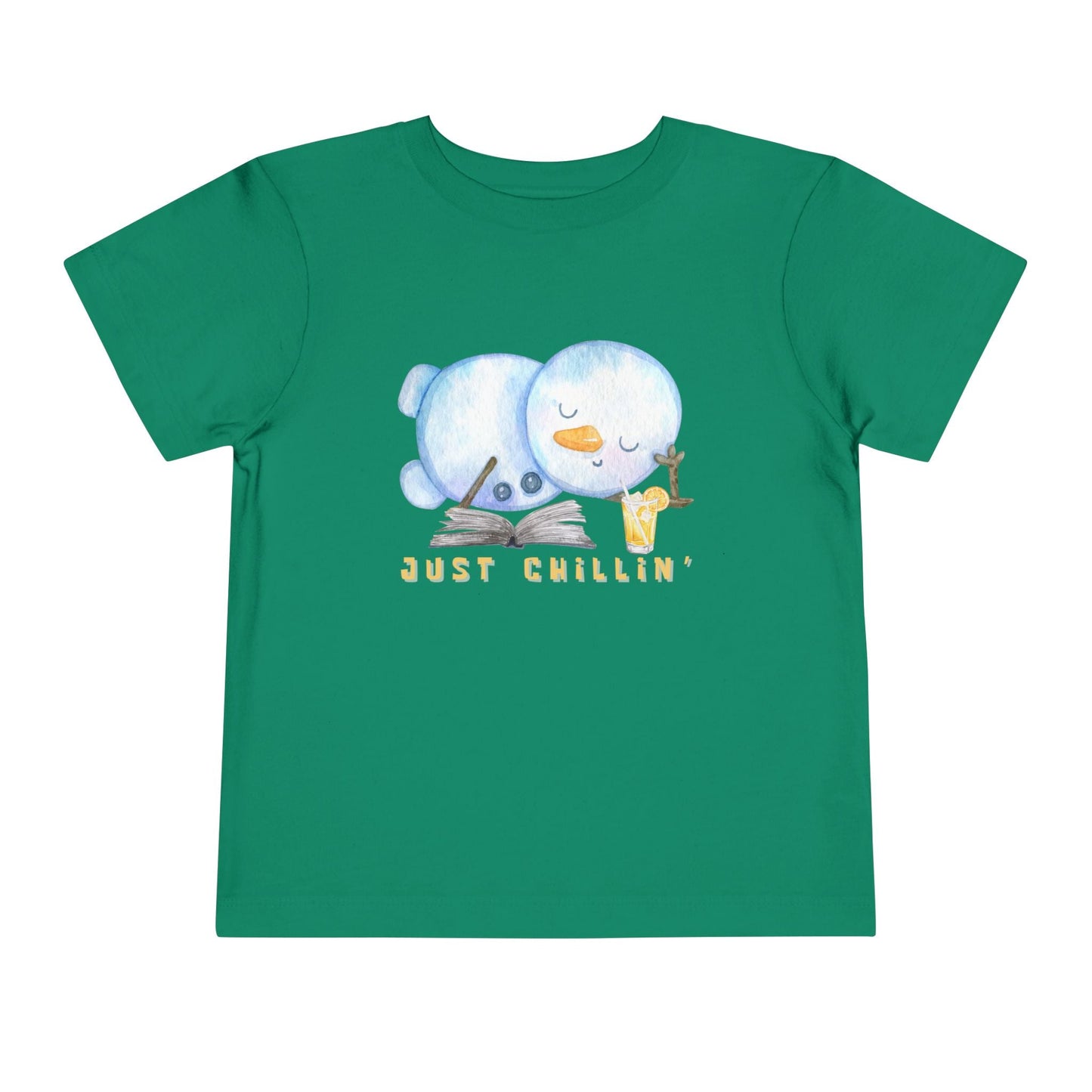 Green toddler t-shirt with a snowman laying down with a good book and cold drink, 'Just Chillin' text on a white background