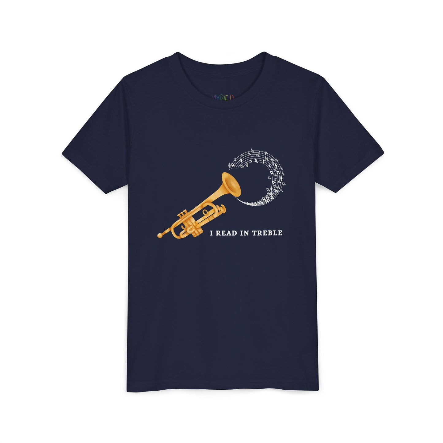Navy blue t-shirt with a gold trumpet graphic, swirling music notes and text 'I Read In Treble'
