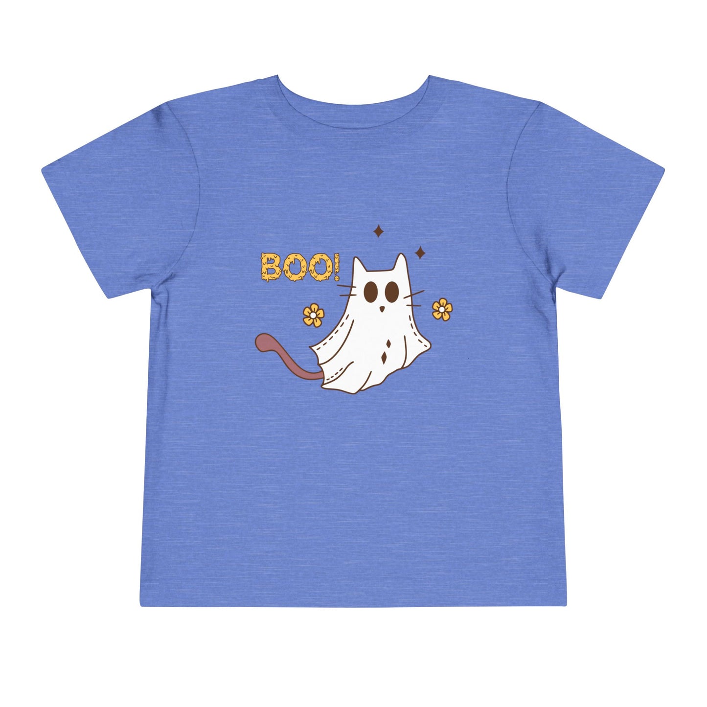 Blue toddler t-shirt with a cat dressed as a ghost and text 'BOO!' on a white background
