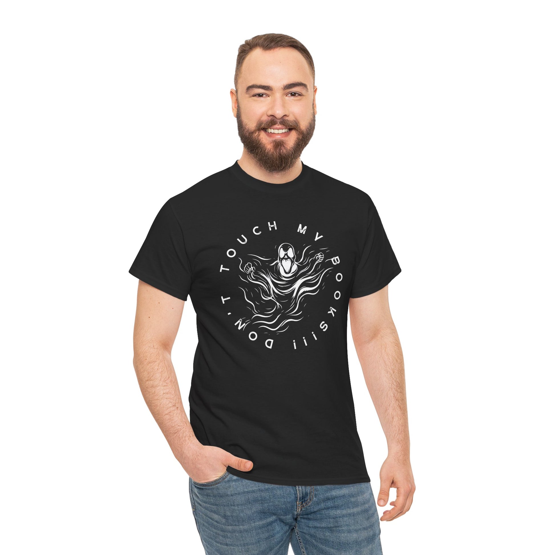 Man wearing a black t-shirt with a ghost or spirit graphic design and text 'Don't Touch My Books!!!'