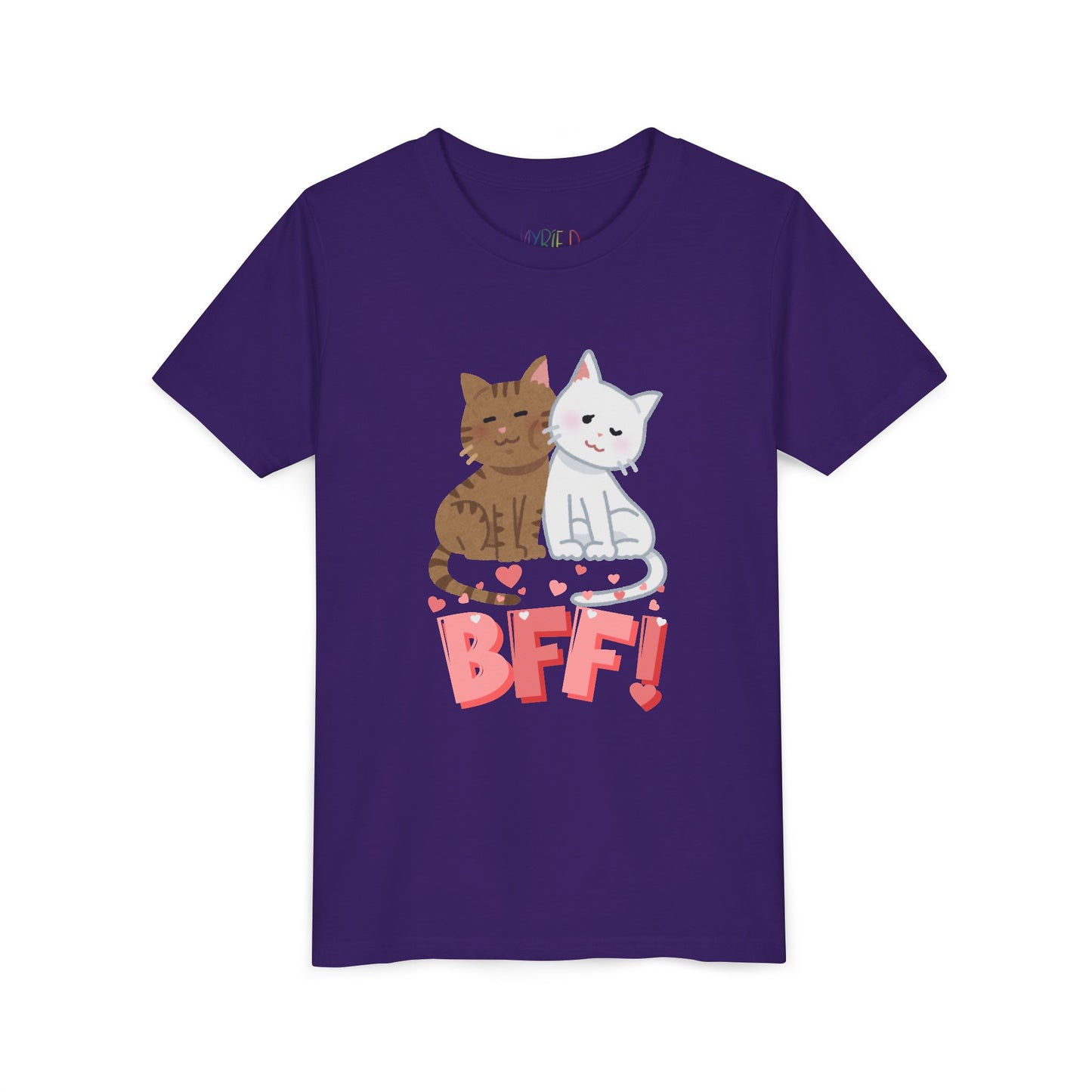 Purple t-shirt with two cats snuggled up with hearts and 'BFF!' text