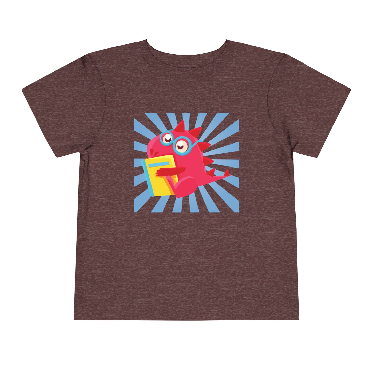 Maroon t-shirt with a colorful cartoon dragon hugging a book and a blue energy burst background 