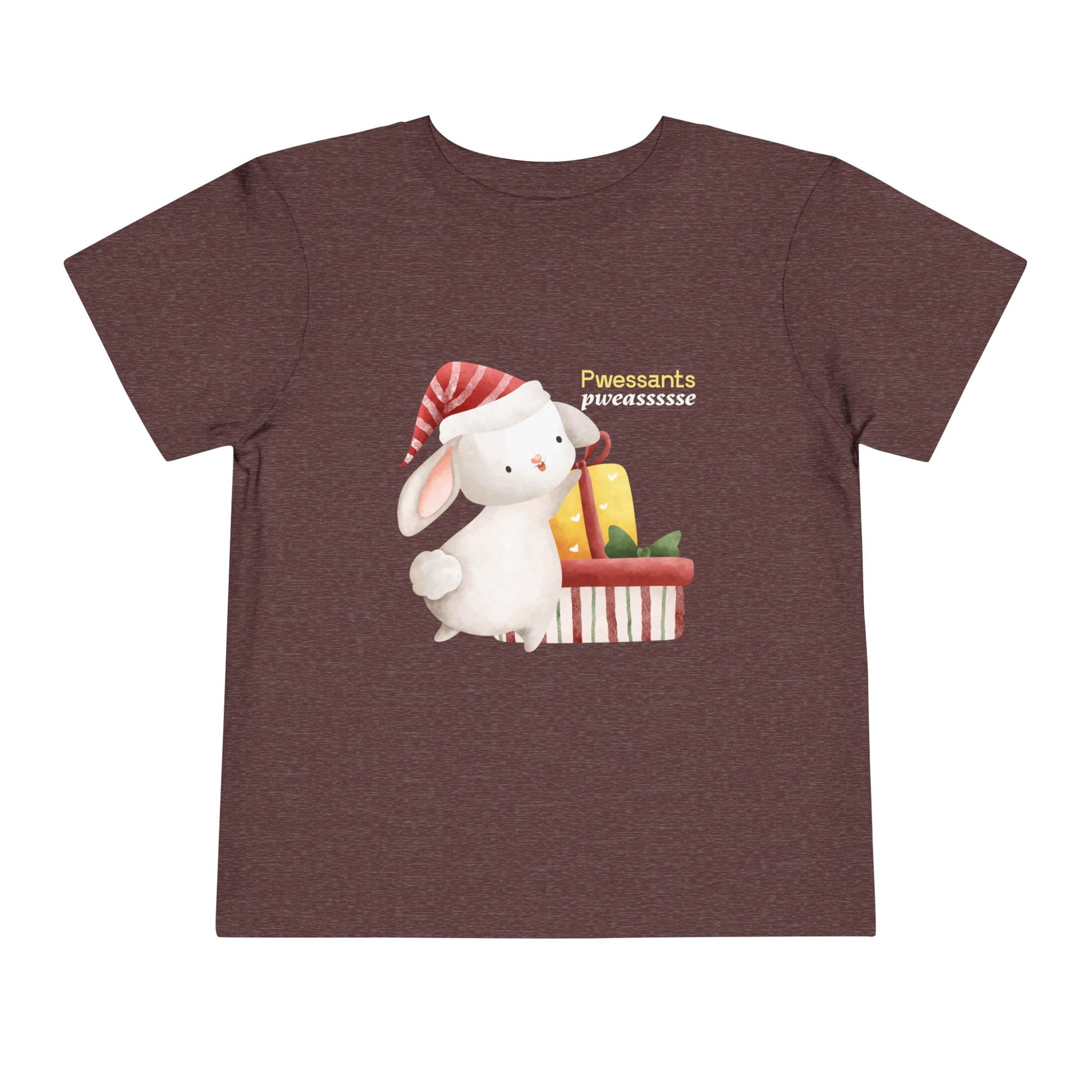 Maroon toddler t-shirt with a cartoon bunny and gift box design on a white background