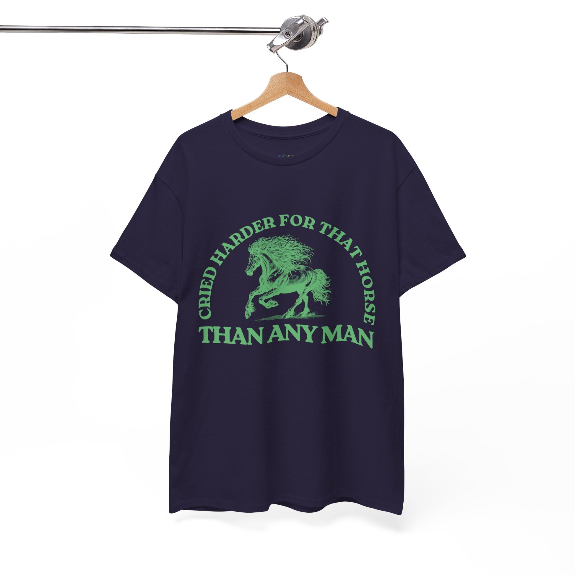 Navy blue t-shirt with a green running stallion and green text 'Cried Harder For That Horse Than Any Man'