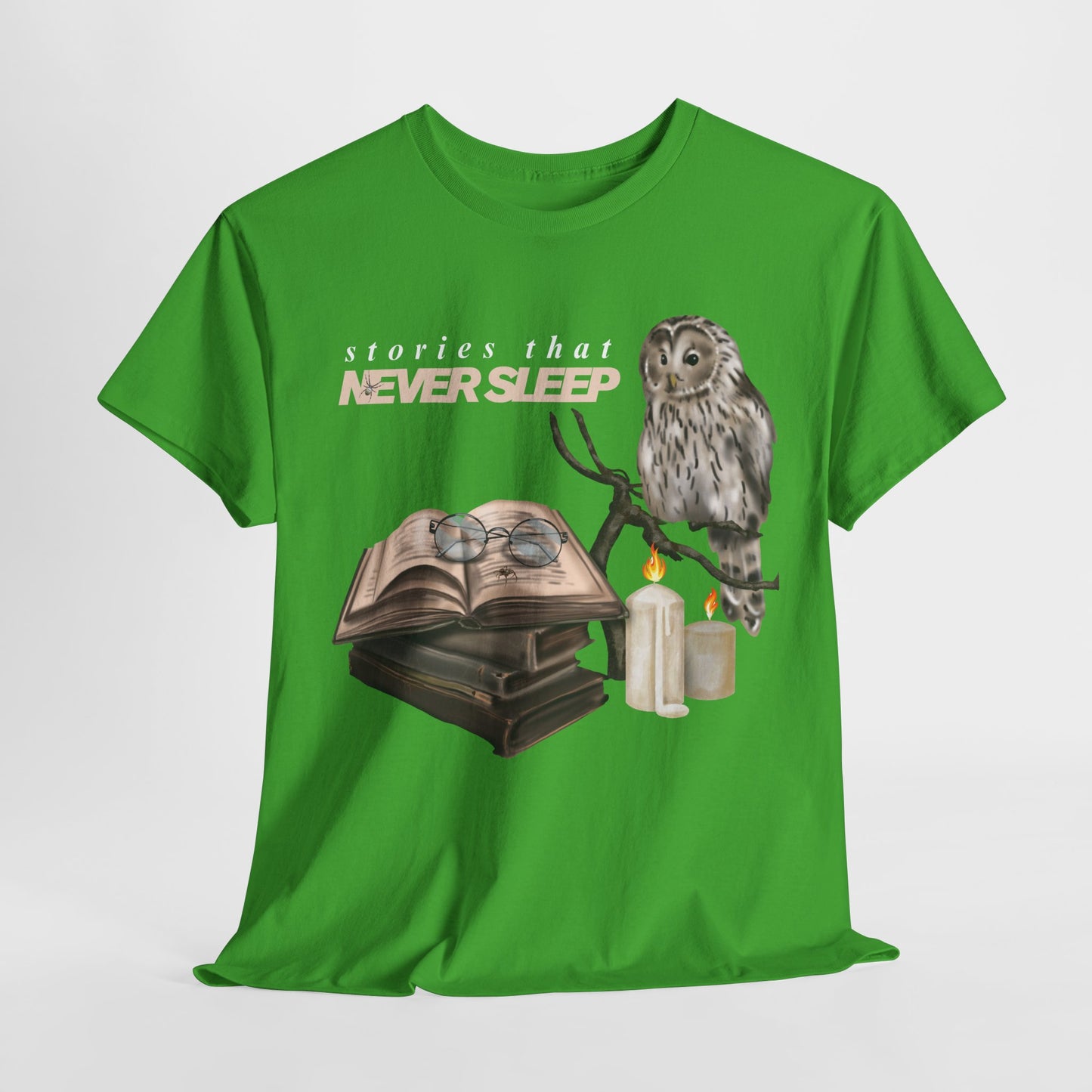 Teen/Adult Unisex "Stories That Never Sleep" Owl & Candlelight Book T-Shirt – Cozy Night Reader Tee