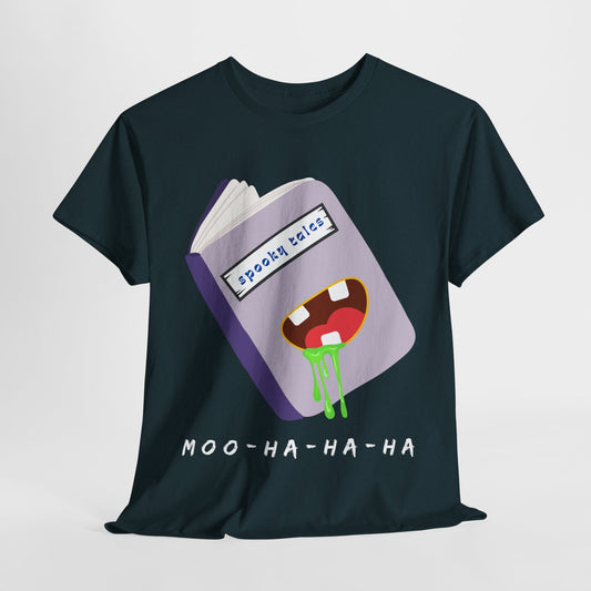 Teen/Adult Unisex Moo-Ha-Ha-Ha – Spooky Tales Monster Book Tee