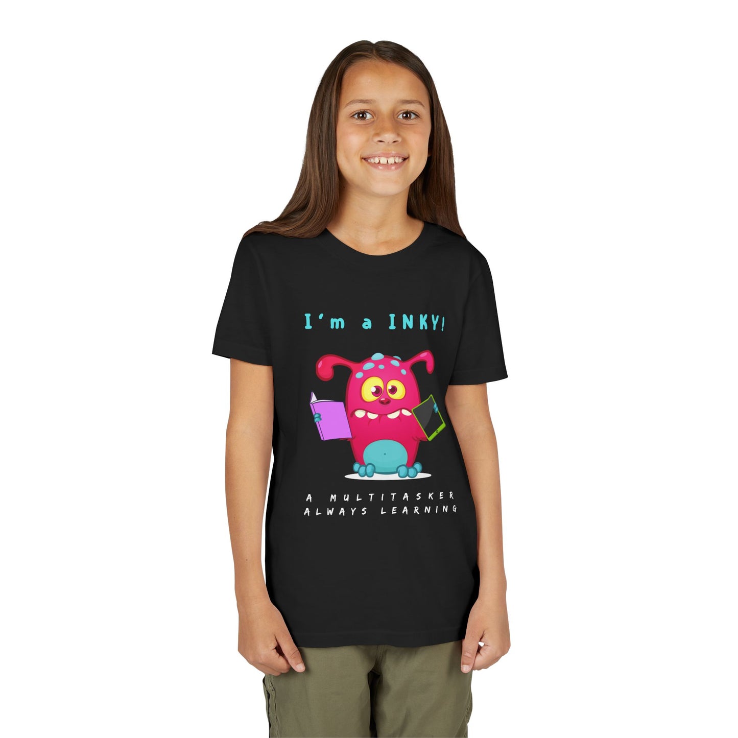 Girl wearing a black t-shirt with a colorful cartoon monster holding a book and an ipad, with text 'I'm a INKY!'