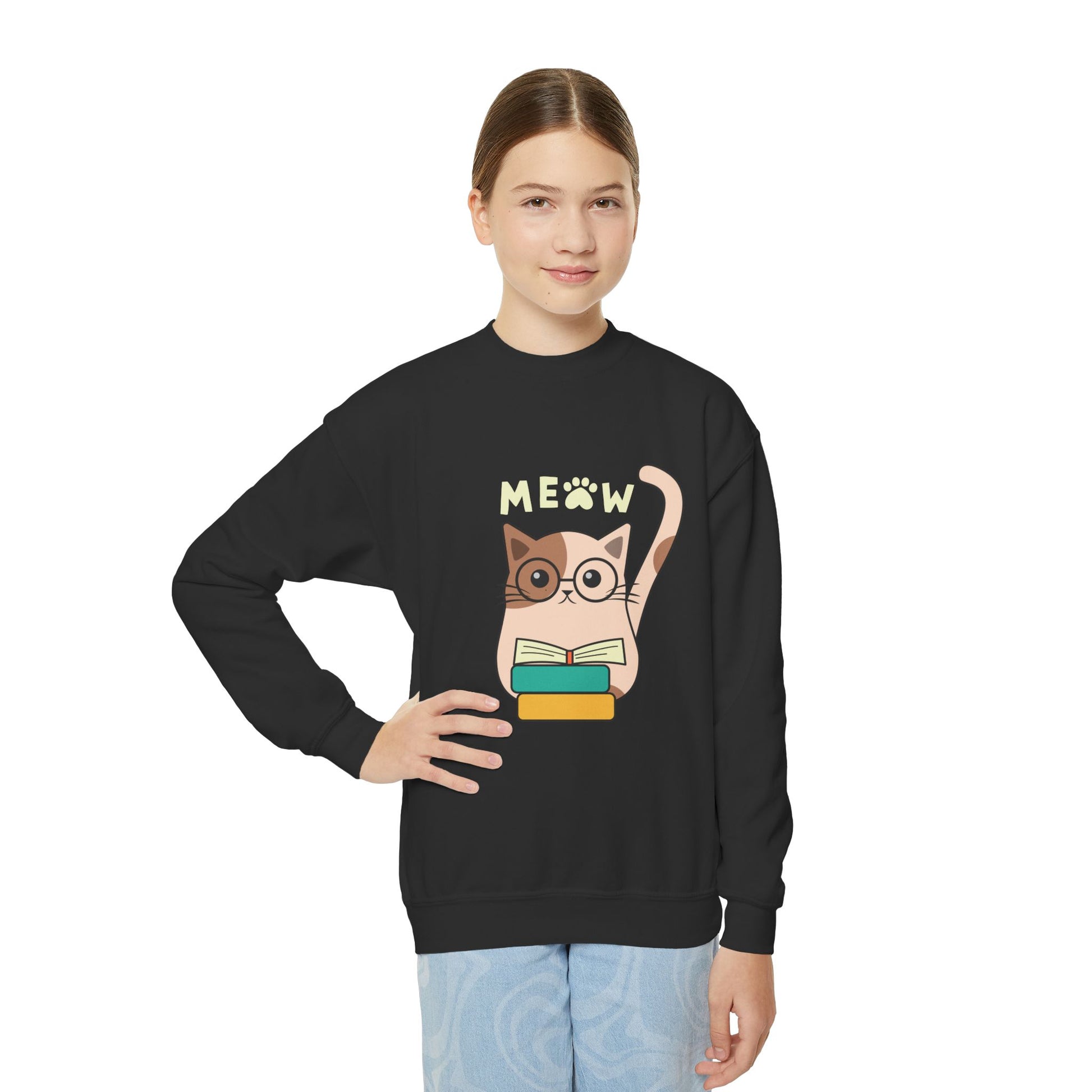 Girl wearing a black sweatshirt with a eyeglass wearing cat reading a book and text 'MEOW'