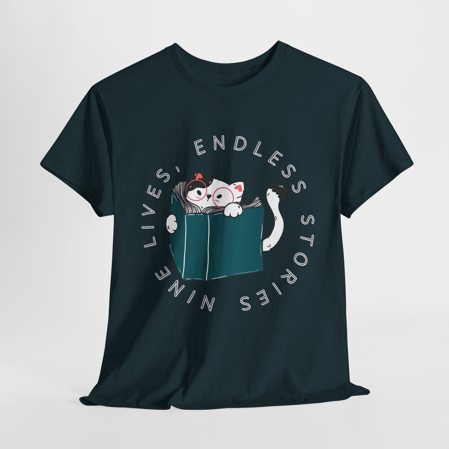 Teen/Adult Unisex "Nine Lives, Endless Stories" Cat & Book Graphic T-Shirt – Fun Reader Gift Tee