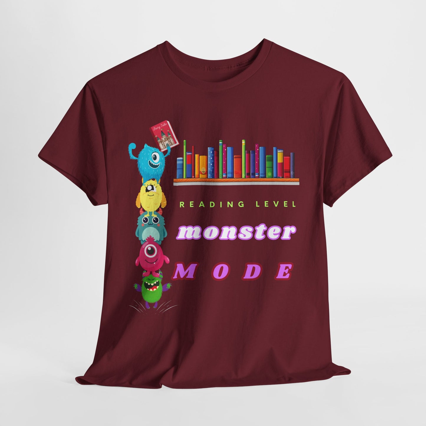 Teen/Adult Unisex “Reading Level: Monster Mode” Tee – Funny Stacked Monster Shirt for Relentless Readers