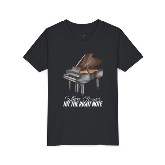 Black t-shirt with a grand piano graphic and text 'Where Stories Hit The Right Note'