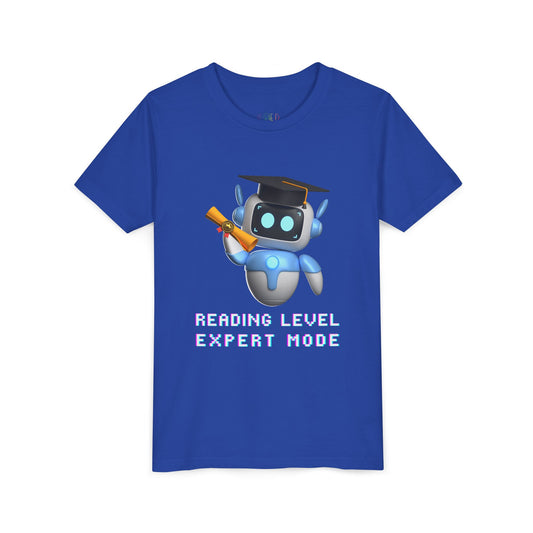 Blue t-shirt with a robot graduate and text 'Reading Level Expert Mode' 