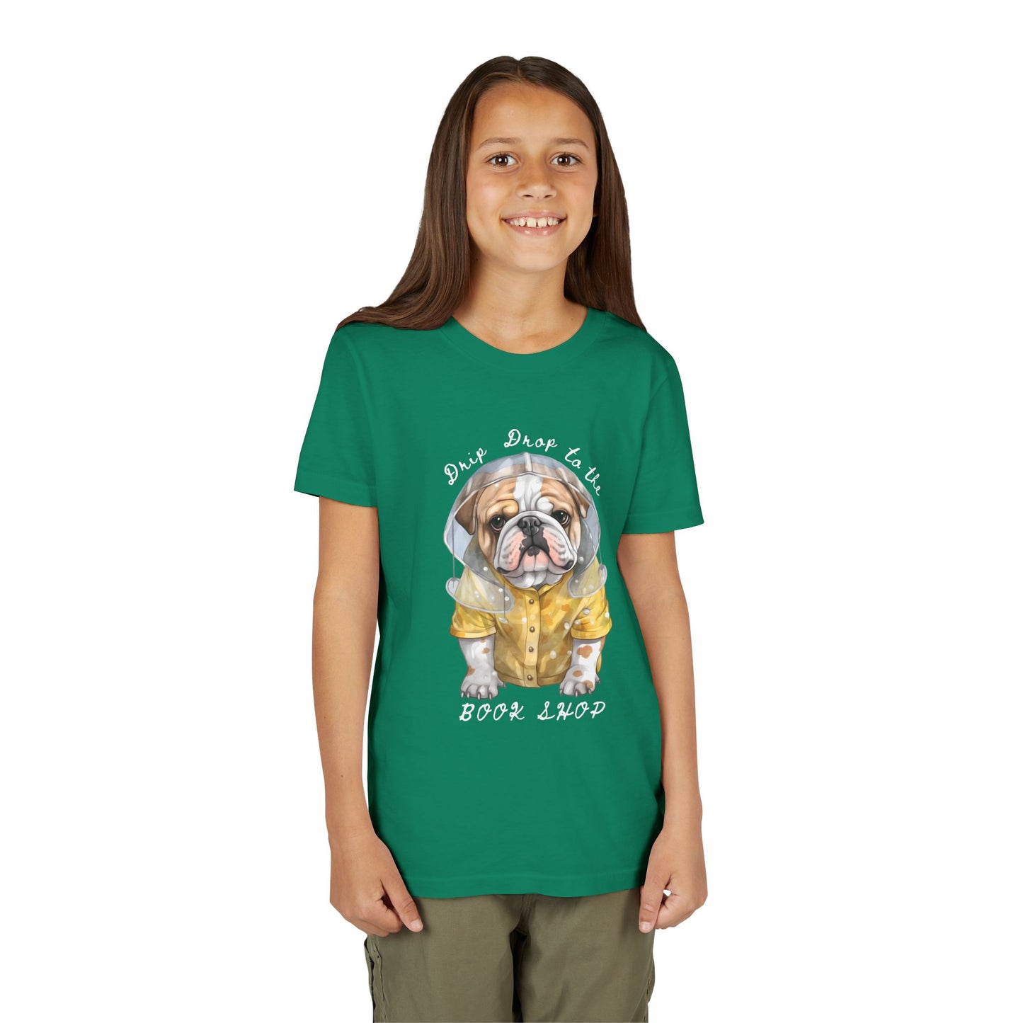 Girl wearing a green t-shirt with a bull dog in a rain coat and text 'Drip Drop to the Book Shop'
