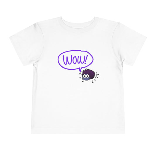 White t-shirt with a purple spider and a 'WOW!' thought bubble