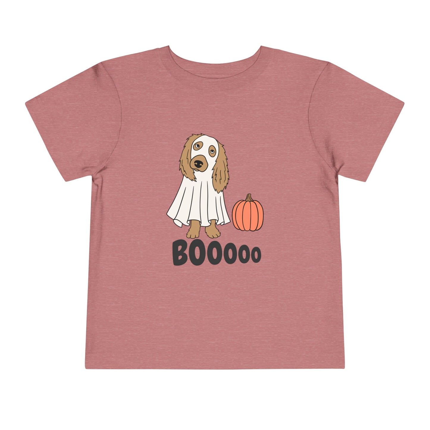 Mauve toddler t-shirt with a dog in a ghost costume, a pumpkin and text 'Booooo' 
