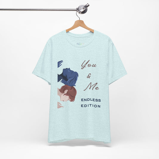 Icy blue t-shirt with a vertically stacked image of two heads back to back on one side and text on the other site 'You & Me Endless Edition'