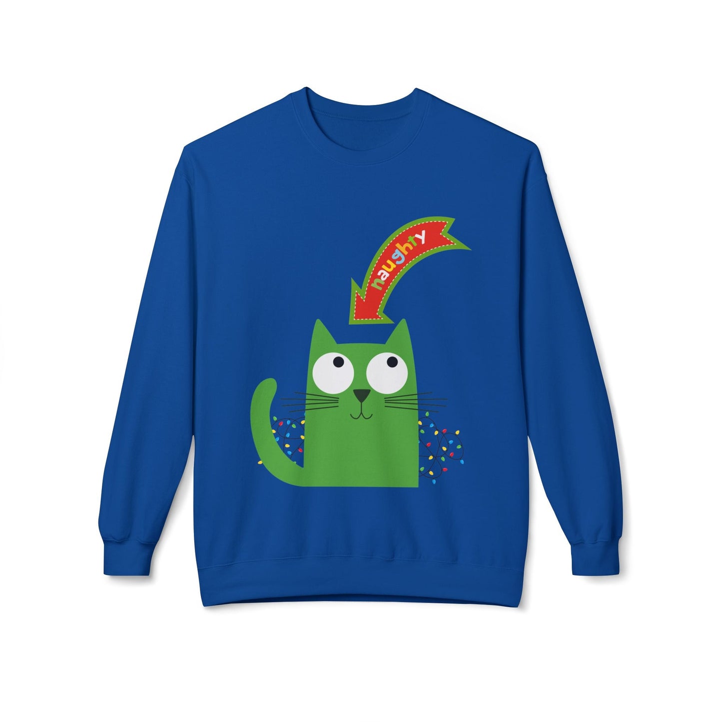 Teen/Adult Unisex Naughty Cat Sweatshirt â€“ Green Cat Holiday Humor Design Printify