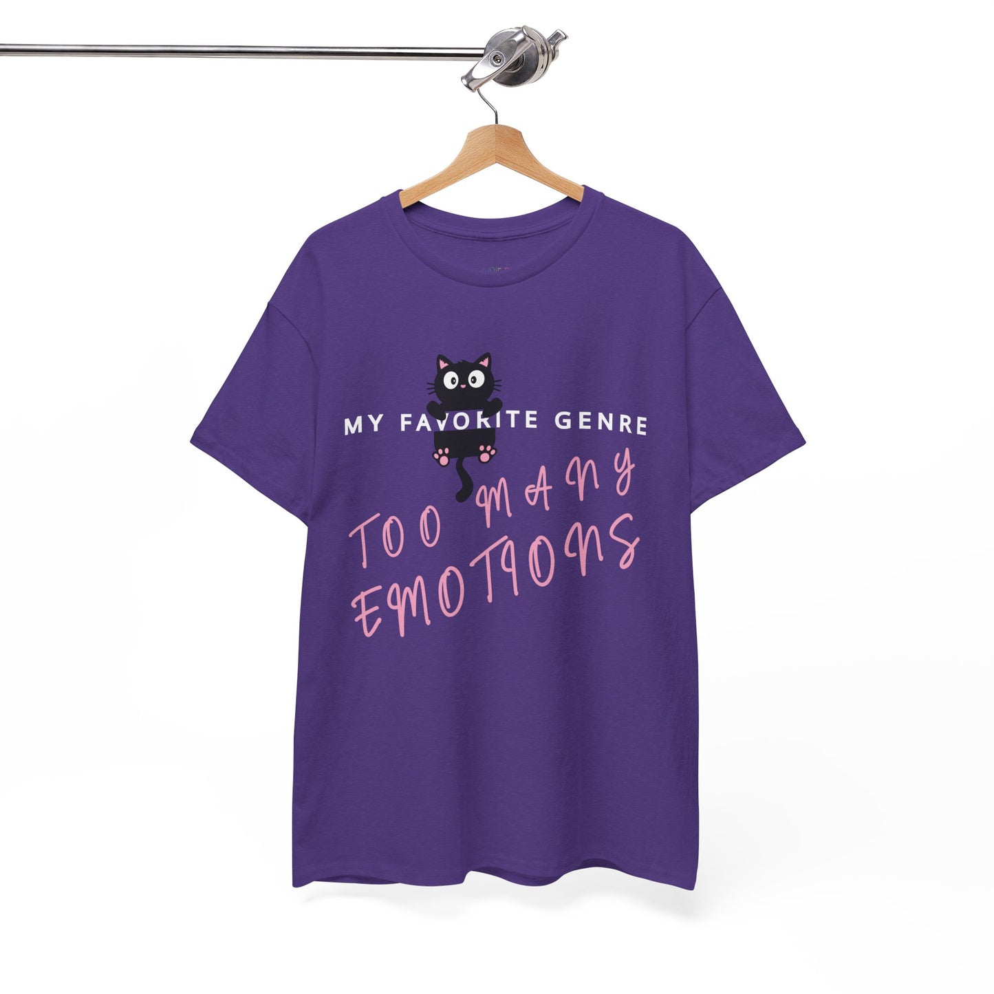 Purple t-shirt with a black cat graphic hanging onto a word and text 'My Favorite Genre - Too Many Emotions' 