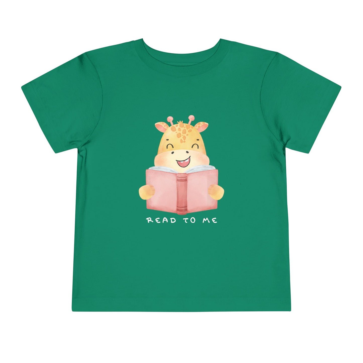 Green toddler t-shirt with a giraffe reading a book graphic and 'Read to Me' text 