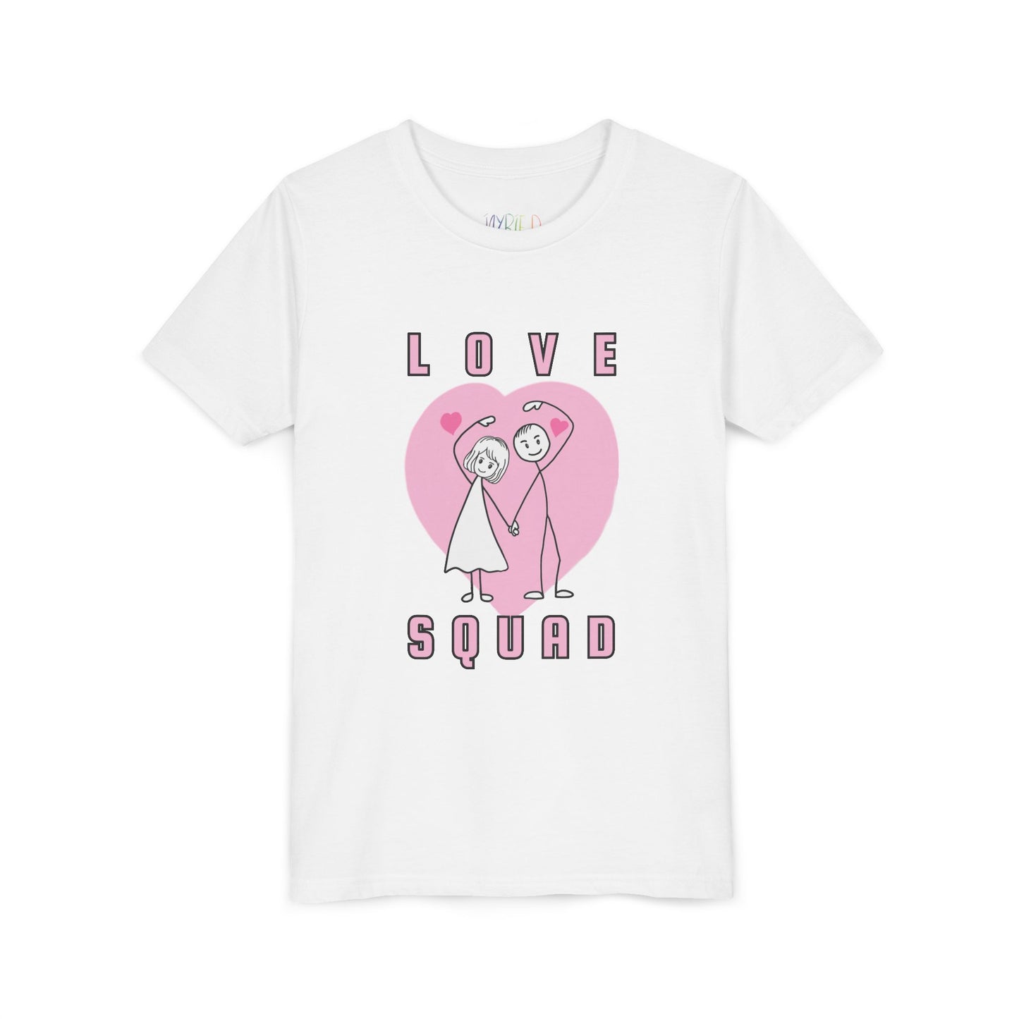 White t-shirt with 'Love Squad' stick figure design, a large pink heart and text 'Love Squad' 
