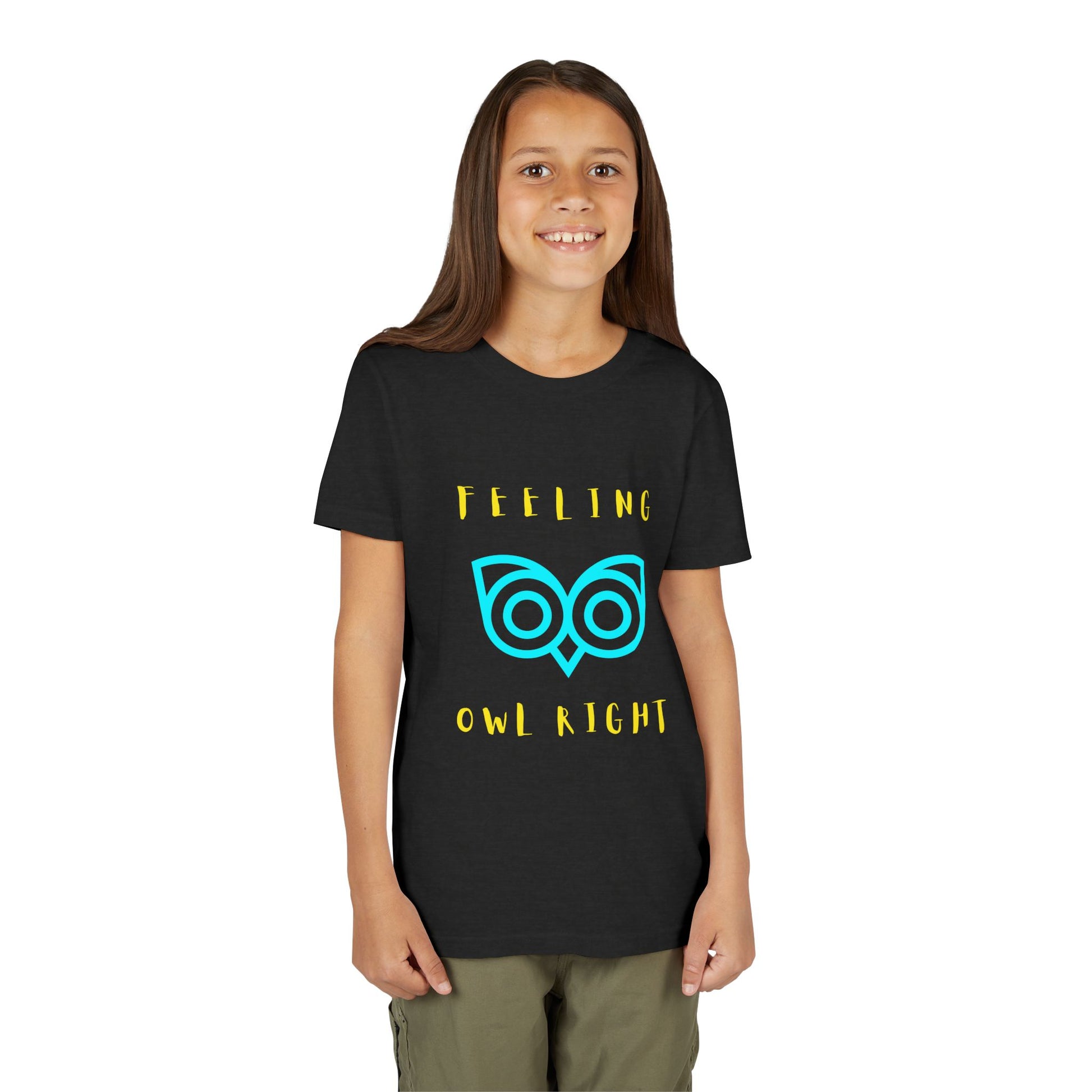 Girl wearing a black t-shirt with yellow text and blue owl graphic 'Feeling Owl Right'