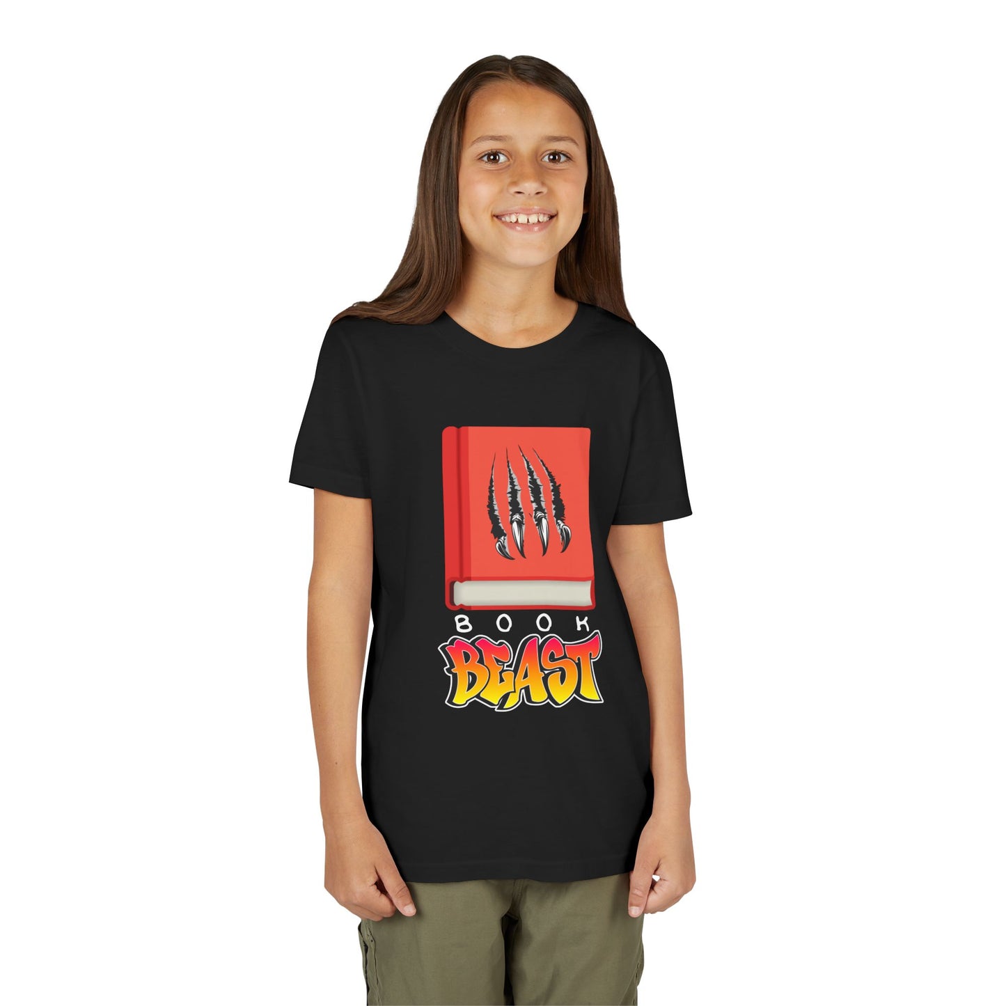 Girl wearing a black t-shirt with a graphic design of a red book with claw marks and BOOK BEAST' text 
