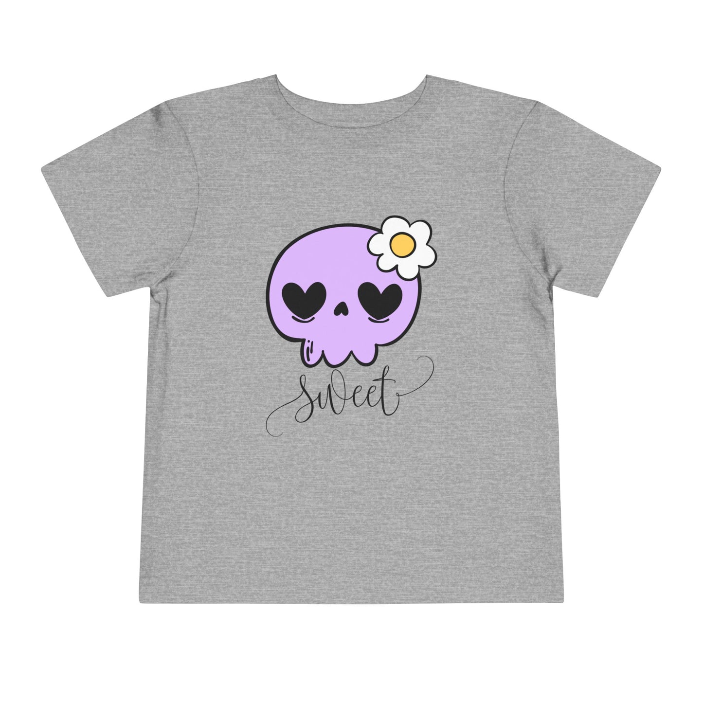 Gray toddler t-shirt with a purple skull design and the word 'sweet' 