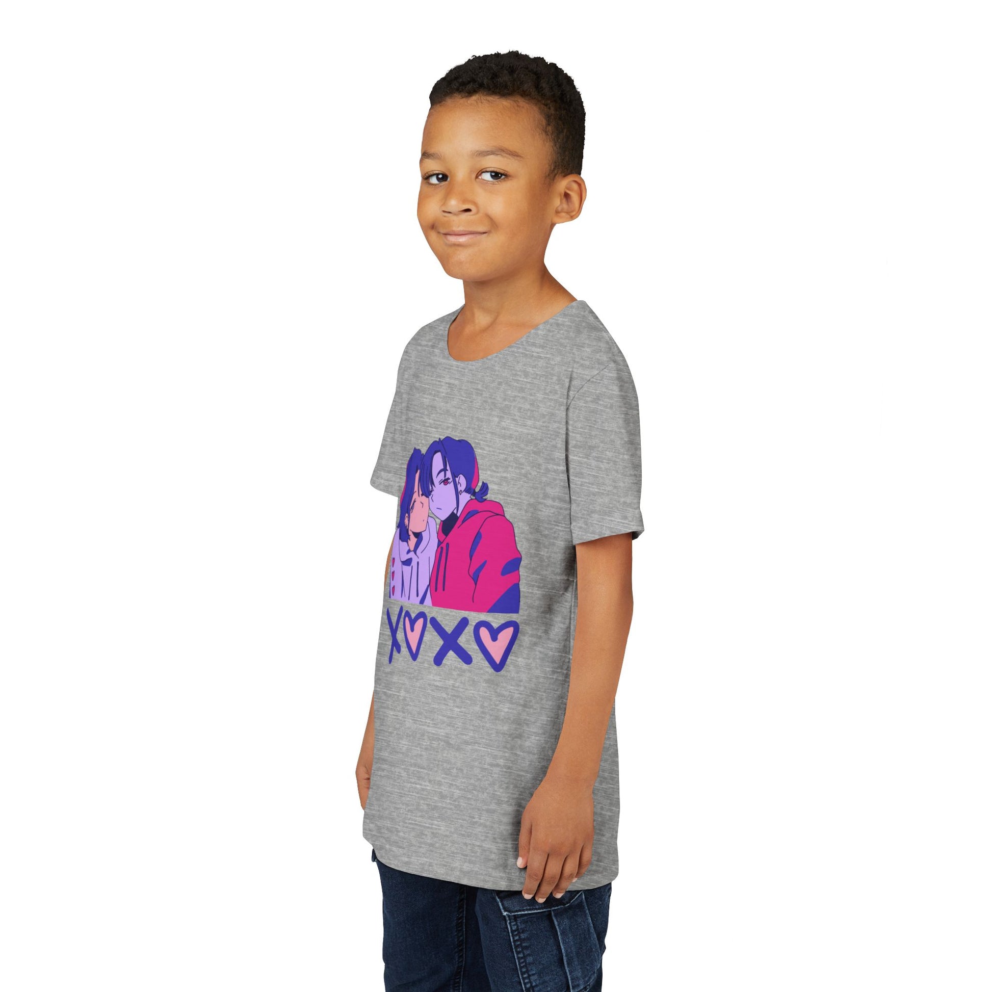 Boy wearing a gray t-shirt with two cartoon characters snuggled up and 'XOXO' text 