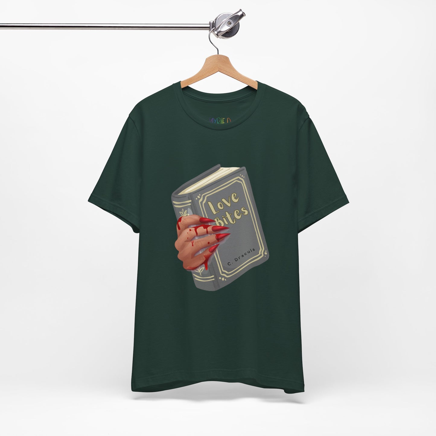 Dark green t-shirt with graphic design of a creepy and bloody hand holding a book titled 'Love Bites' by C. Dracula