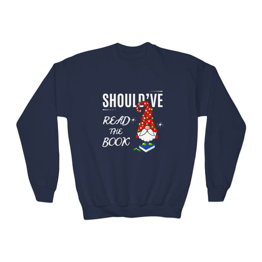 Navy blue sweatshirt with a gnome graphic tangled in Christmas lights, as he stands on a book, and text "Should've Read The Book'