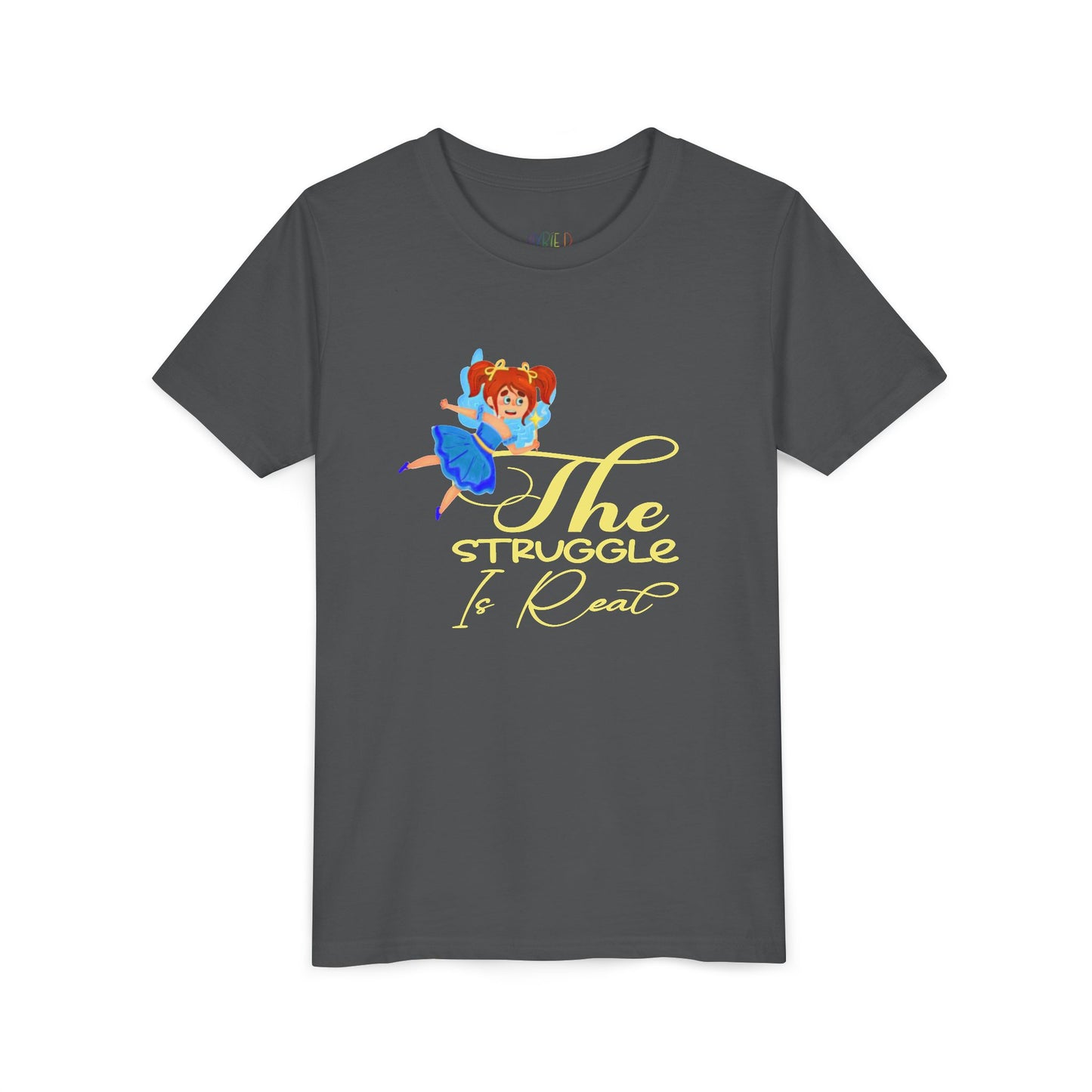 Gray t-shirt with cartoon fairy and 'The Struggle Is Real' text 