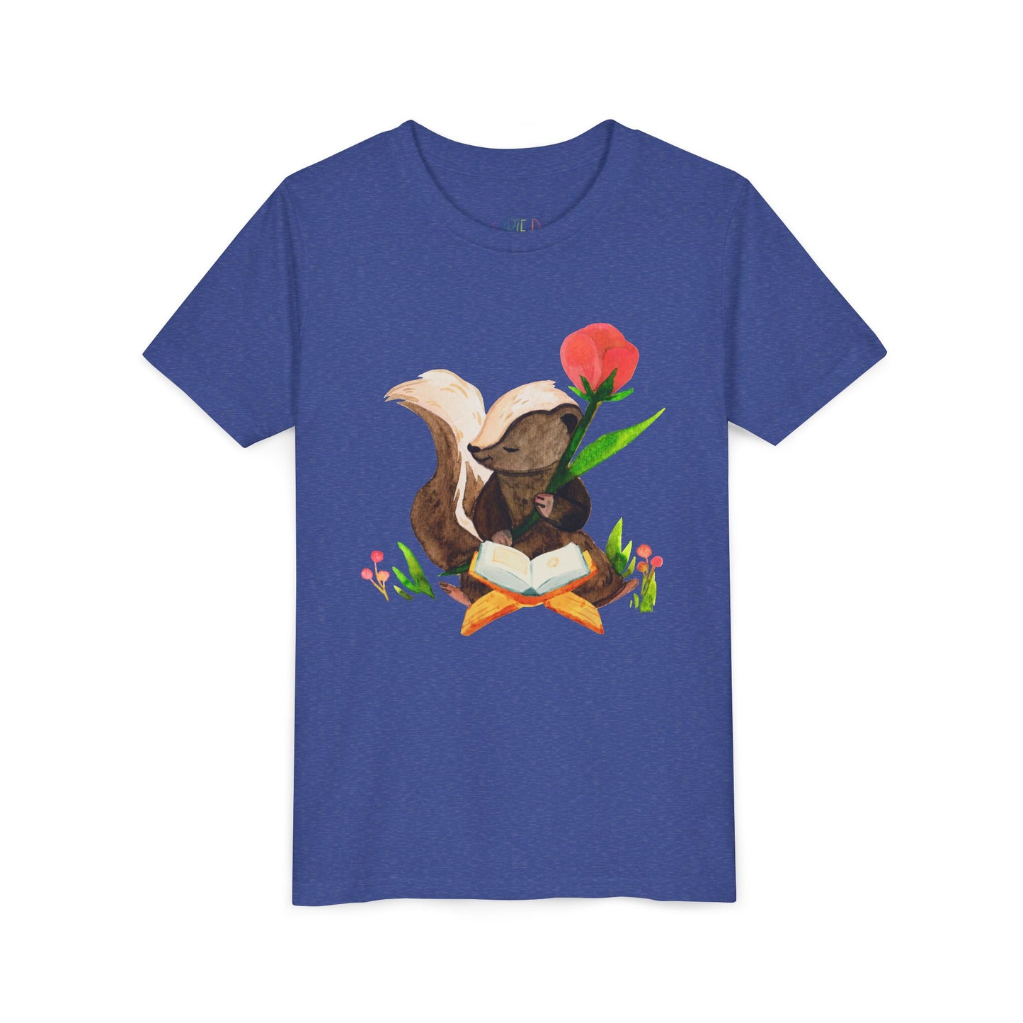 Blue t-shirt with a graphic of a skunk reading a book in a patch of flowers