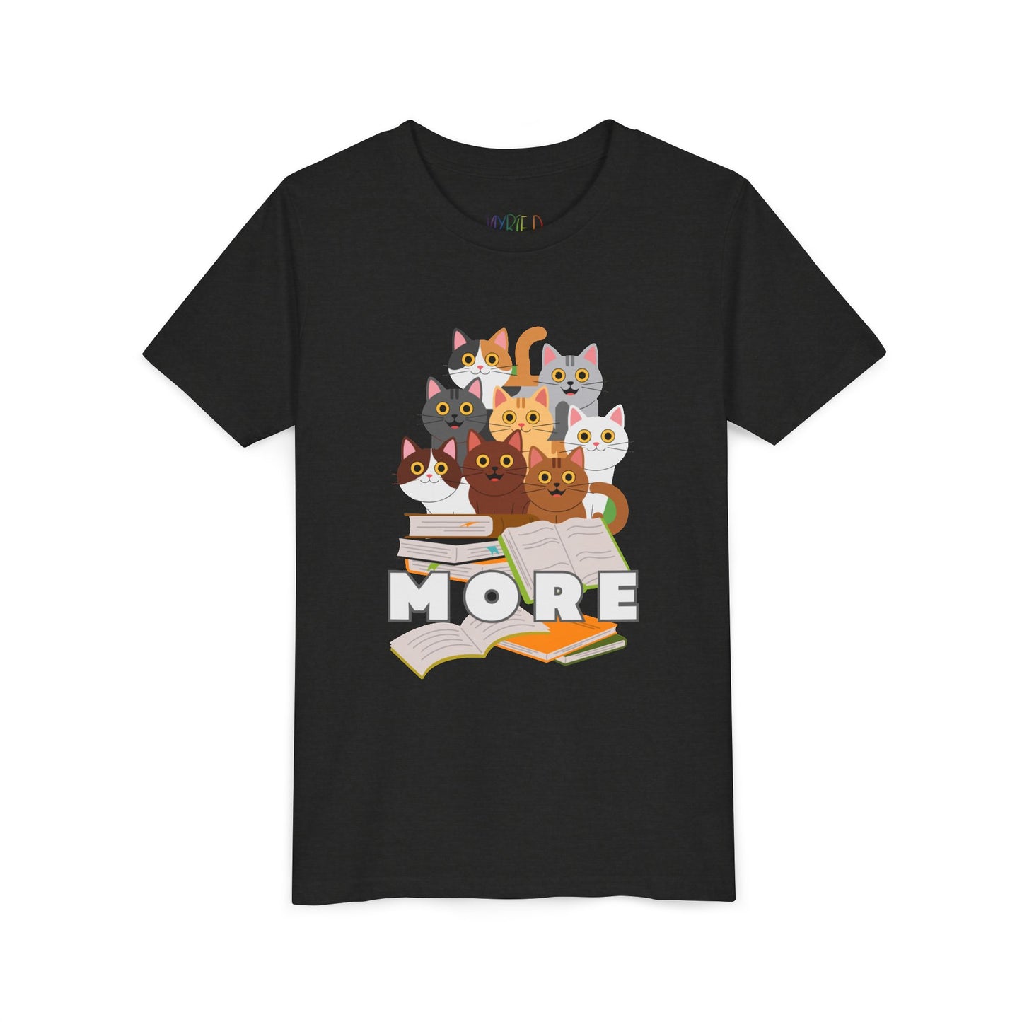 Black t-shirt with cartoon cats, messy pile of books and 'more' text 
