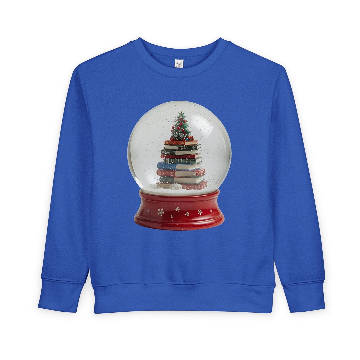 Blue toddler sweatshirt featuring a Christmas tree on a stack of books inside of a snow globe