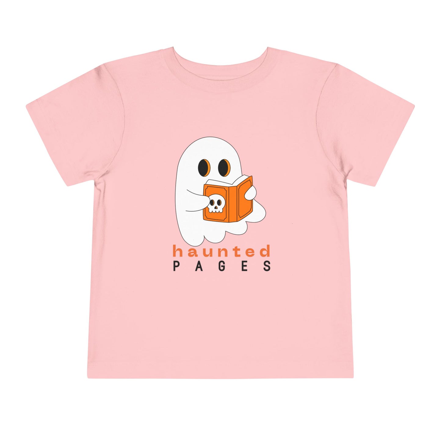 Pink toddler t-shirt with a ghost reading a scary book and 'haunted pages' text on a white background