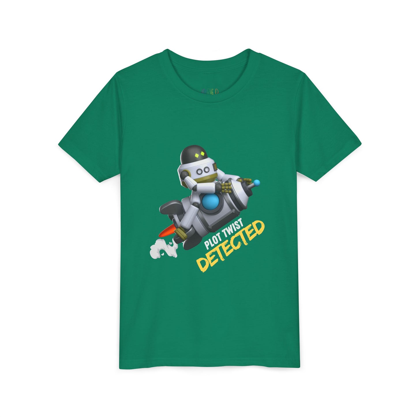 green t-shirt with robot riding a rocket and text 'Plot Twist Detected' 