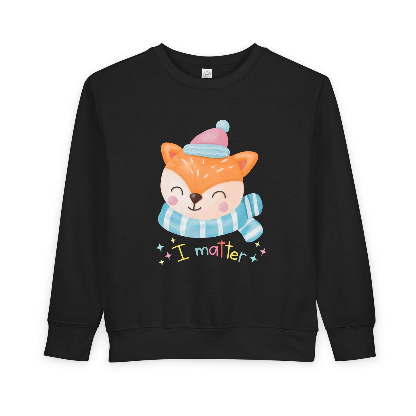 Black toddler sweatshirt with a cartoon fox wearing a hat and scarf on a white background, text 'I Matter'