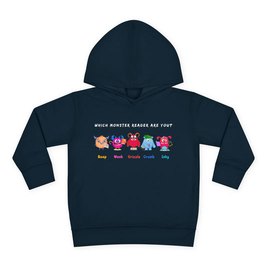 Five colorful cartoon monsters — Boop, Wonk, Grizzle, Crumb, and Inky — each holding or reading a book with “Which Monster Reader Are You?” above — printed on a toddler hoodie.