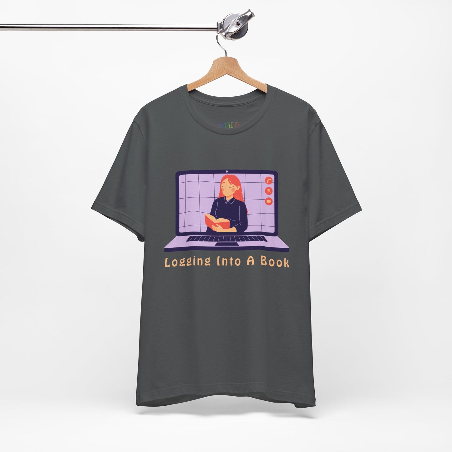 Gray t-shirt with open laptop featuring a woman reading a book and text 'Logging Into A Book' 