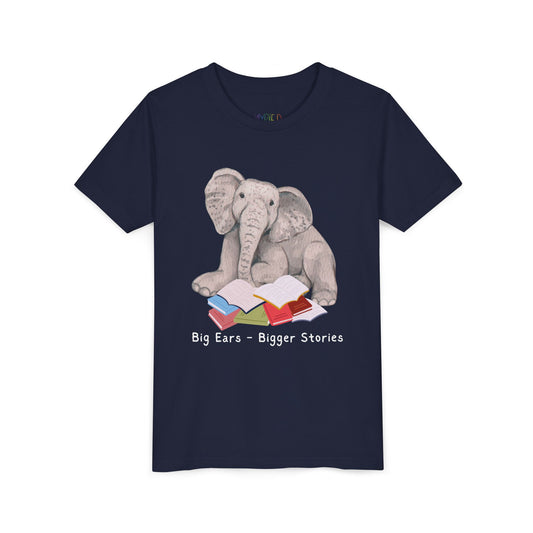 Navy blue t-shirt with an elephant reading a pile of books and text 'Big Ears - Bigger Stories'