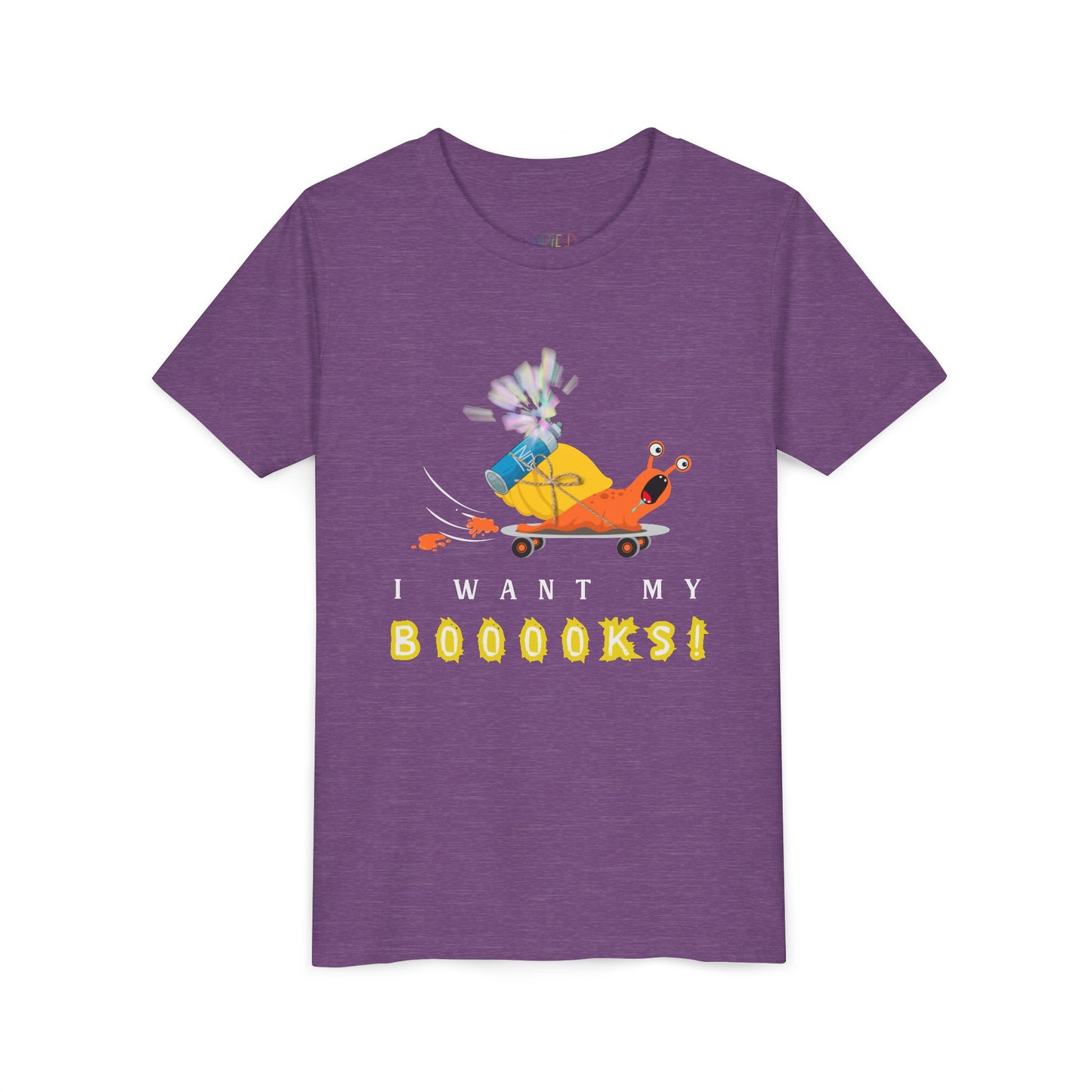 Youth I Want My BOOOOKS! Tee – Snail-Powered Speed Reader Shirt for Kids