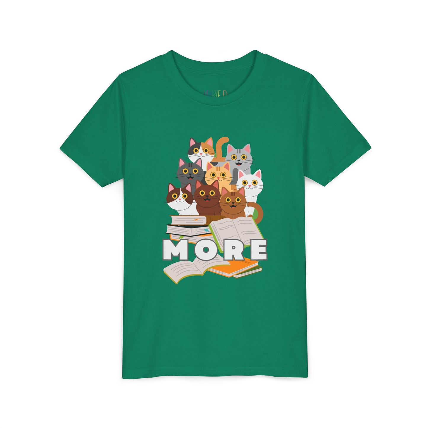 Green t-shirt with cartoon cats, messy pile of books and 'more' text 