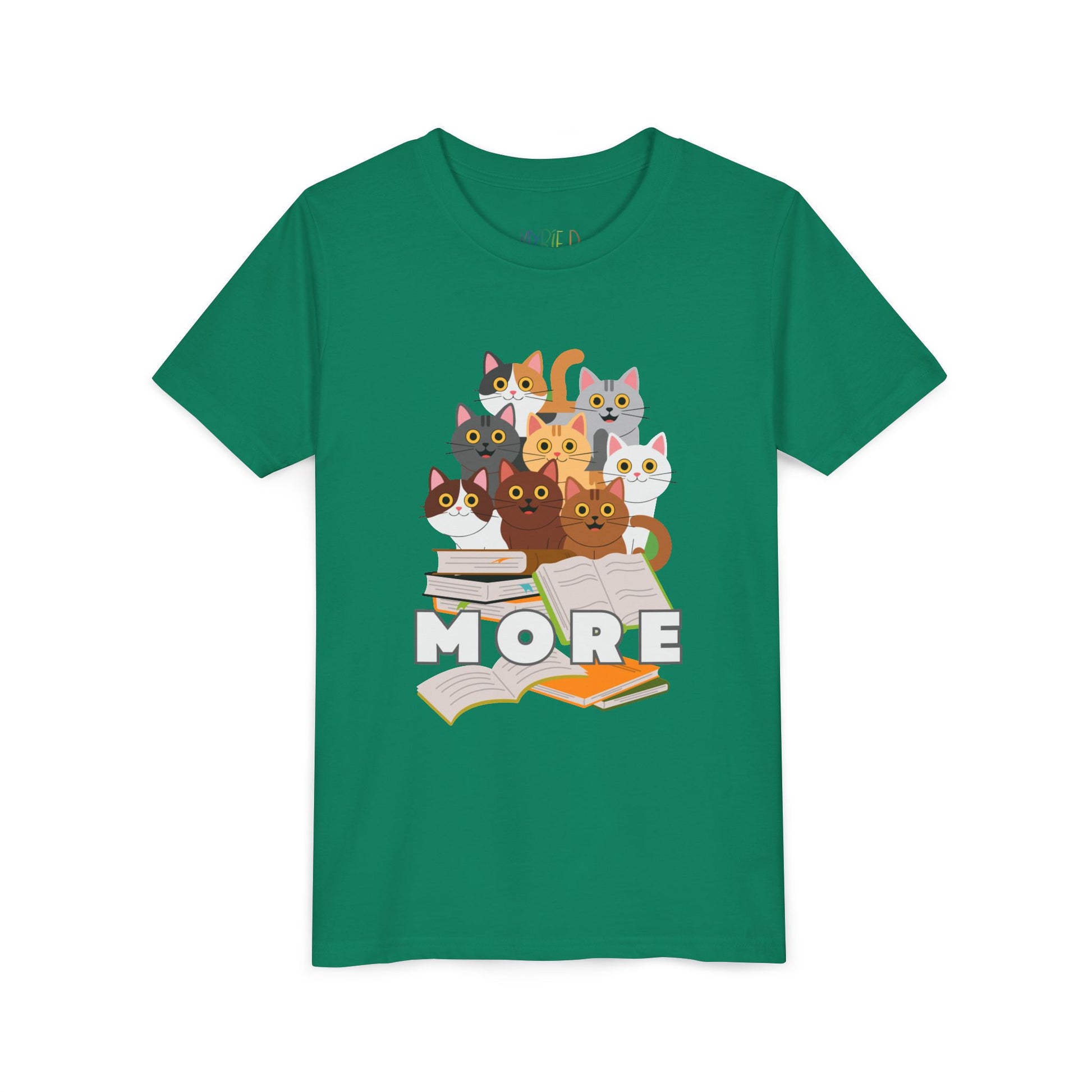 Green t-shirt with cartoon cats, messy pile of books and 'more' text 