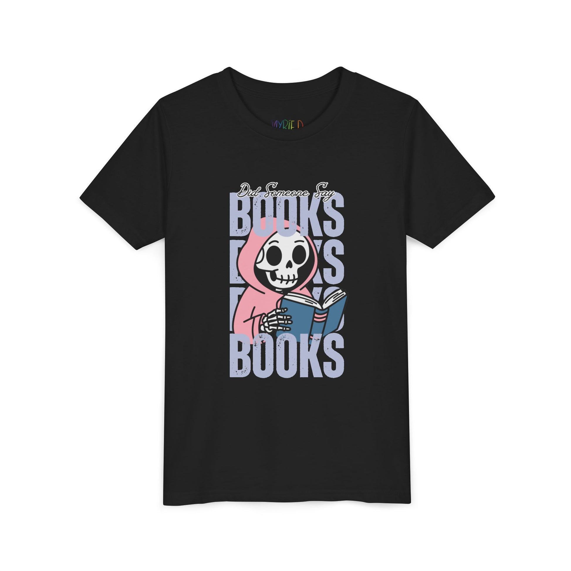 Black t-shirt with a skeleton in a pink hoodie, reading a book in the middle of stacked 'BOOKS' text