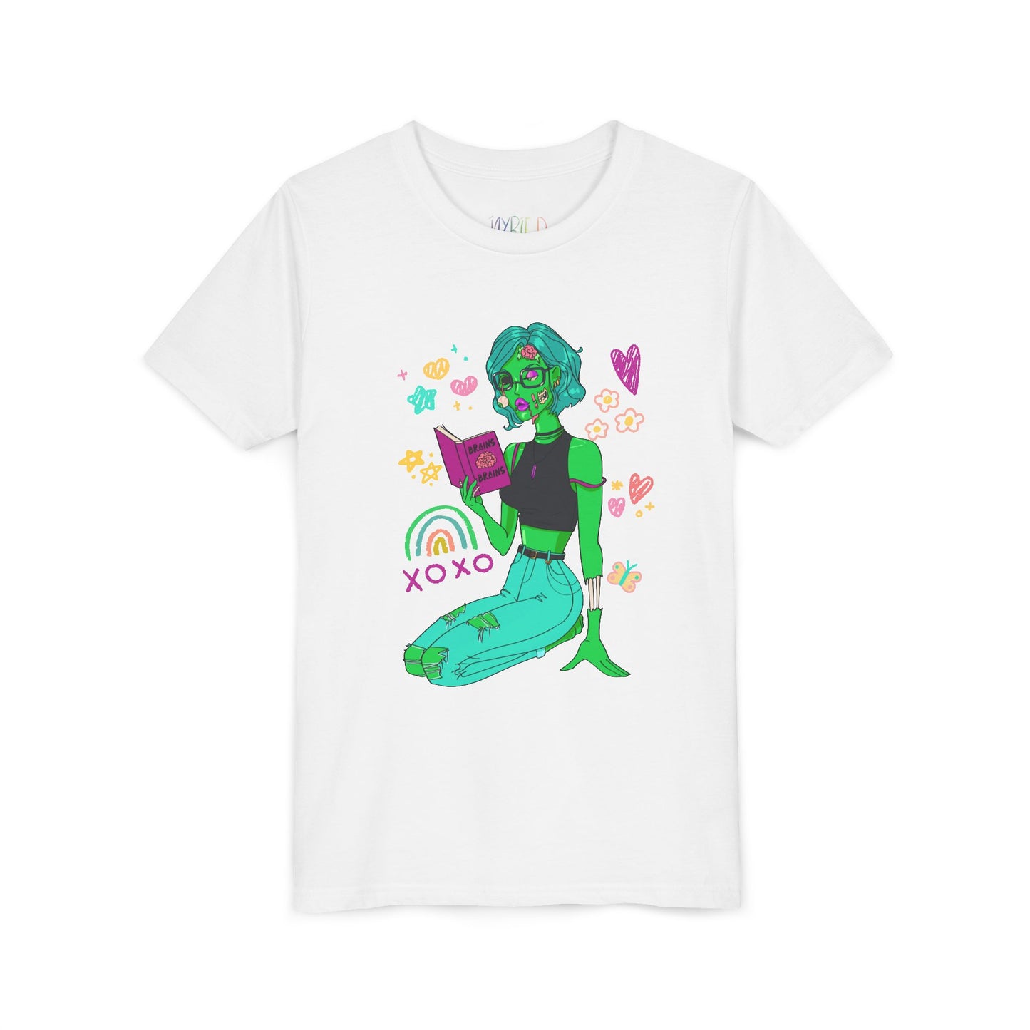 White t-shirt with a girl zombie reading a book, surrounded by colorful doodles
