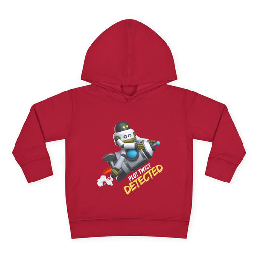 Red toddler hoodie with a robot graphic riding a rocket and text 'Plot Twist DETECTED' 