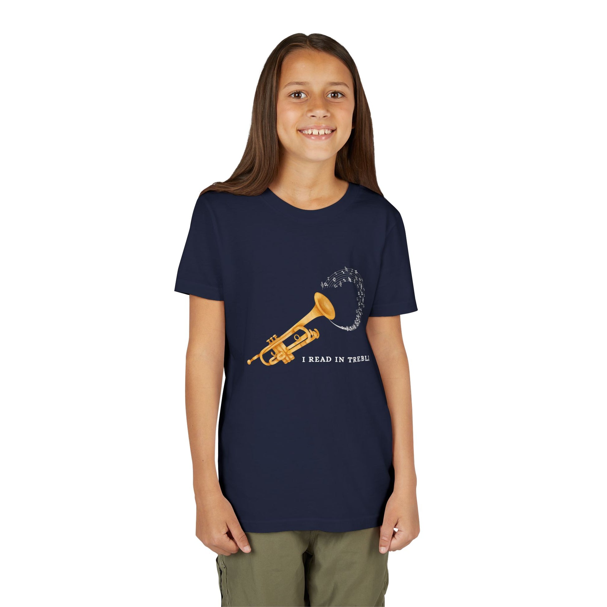 Girl wearing a navy blue t-shirt with a gold trumpet graphic, swirling music notes and text 'I Read In Treble'