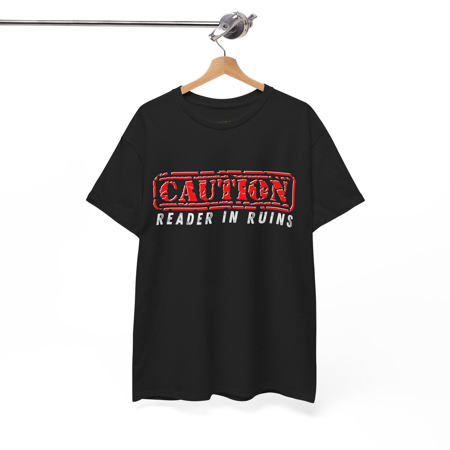 Teen/Adult Unisex Tee CAUTION Reader in Ruins (Red Caution)